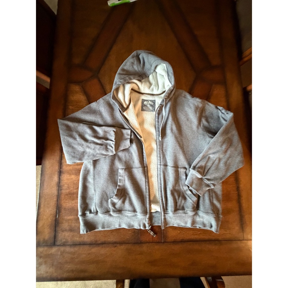 Eddie Bauer Mens XXL Grey Waffle Knit Sherpa Lined Full Zip Hoodie Jacket
